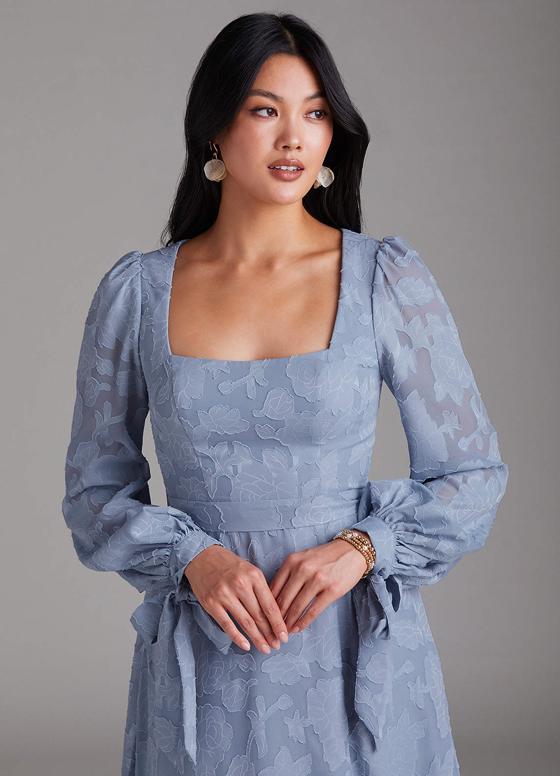 Leonia A-Line Square-Neck Stretch Satin Bridesmaid Dress in dusty blue