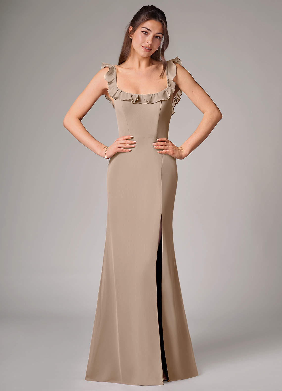 Callie Mermaid Scoop-Neck Chiffon Bridesmaid Dress in Taupe