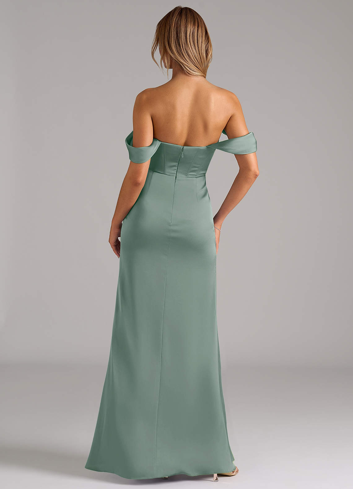 Johana Mermaid Off-the-Shoulder Stretch Satin Bridesmaid Dress in Silver Sage