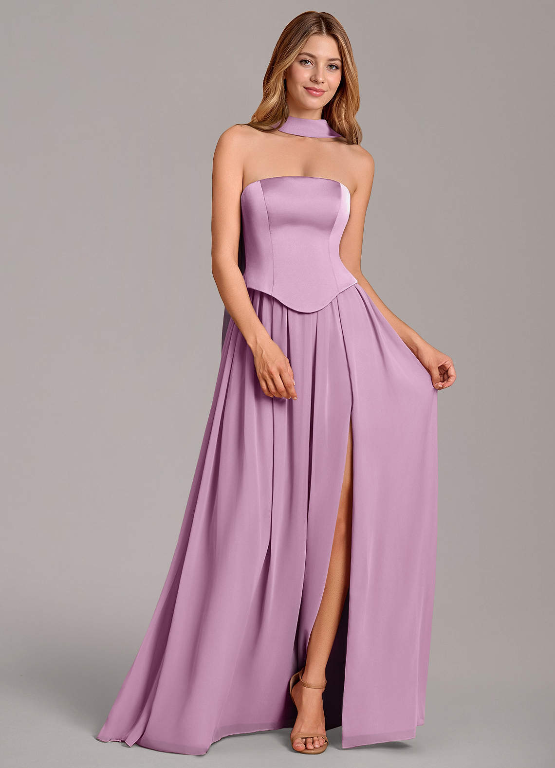 Cadence A-Line Strapless Chiffon and Stretch Satin Bridesmaid Dress in Wisteria
