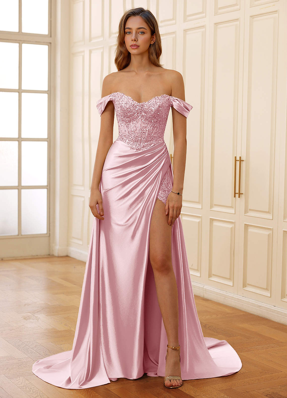 Rowane A-Line Off-the-Shoulder Satin Evening Dress in Blushing Pink