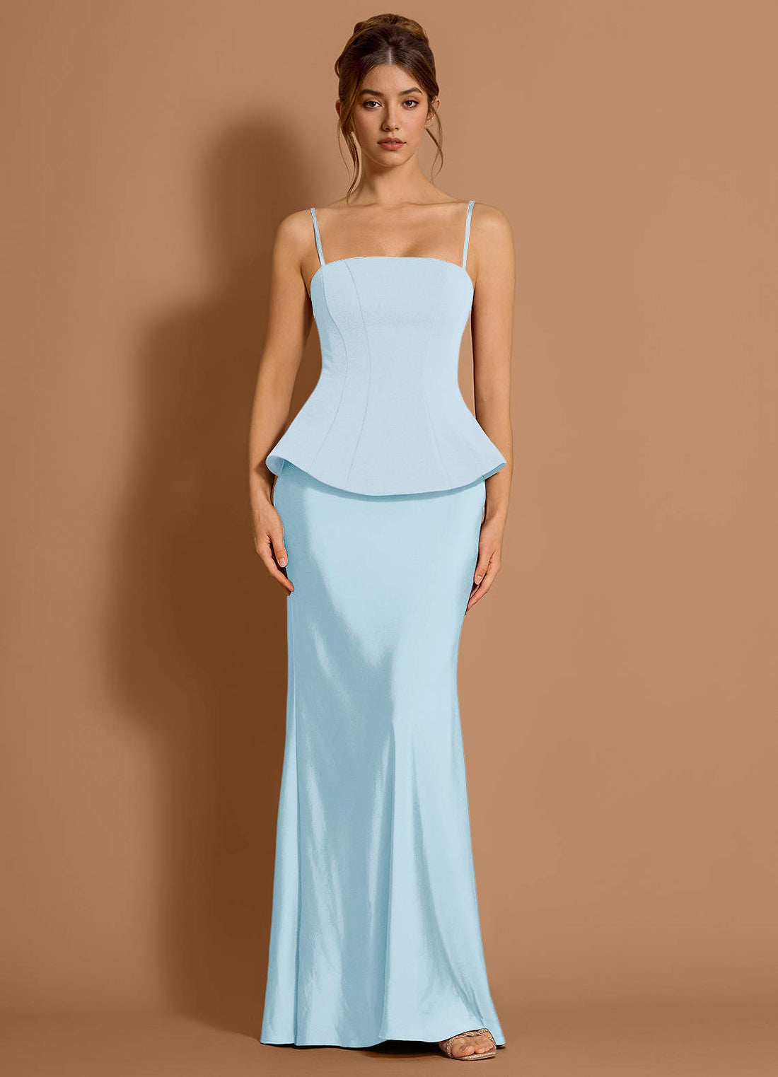 Zeraya Mermaid Ruffle Stretch Satin Wedding Guest Dress in Light Blue