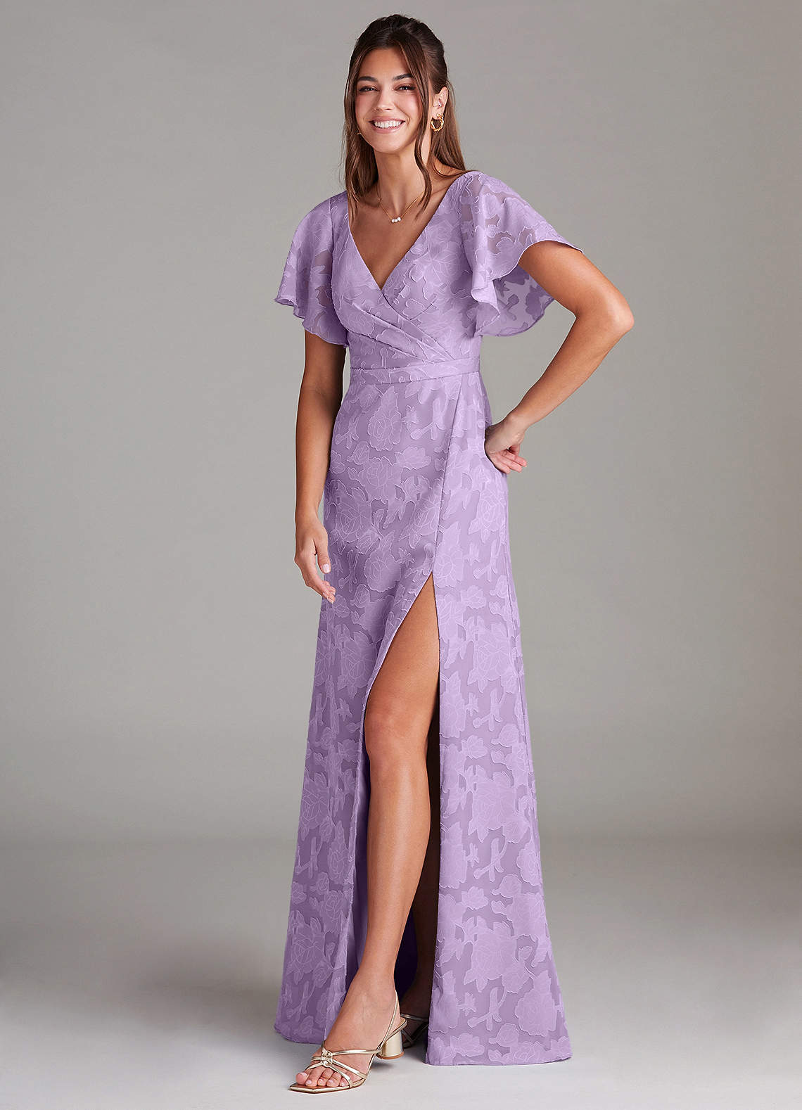 Ambrosia A-Line V-Neck Floral Burnout Bridesmaid Dress in Lilac