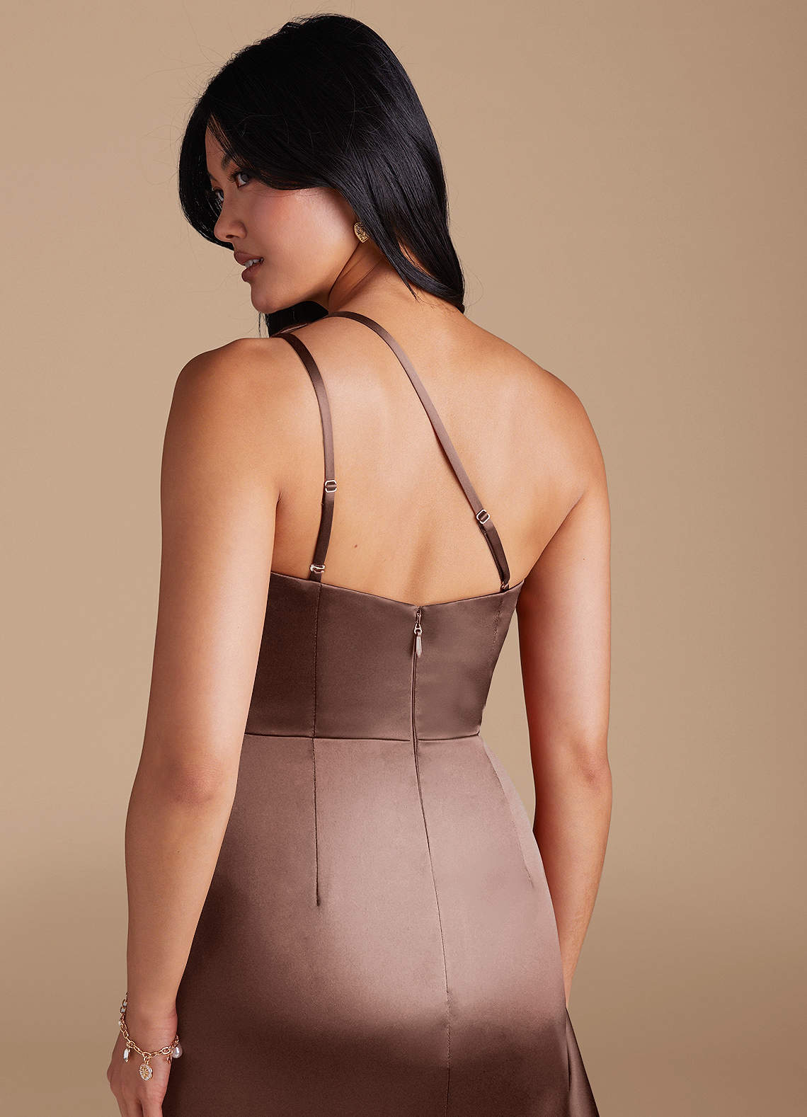 Latrice Sheath One-Shoulder Metallic Satin Bridesmaid Dress in Espresso