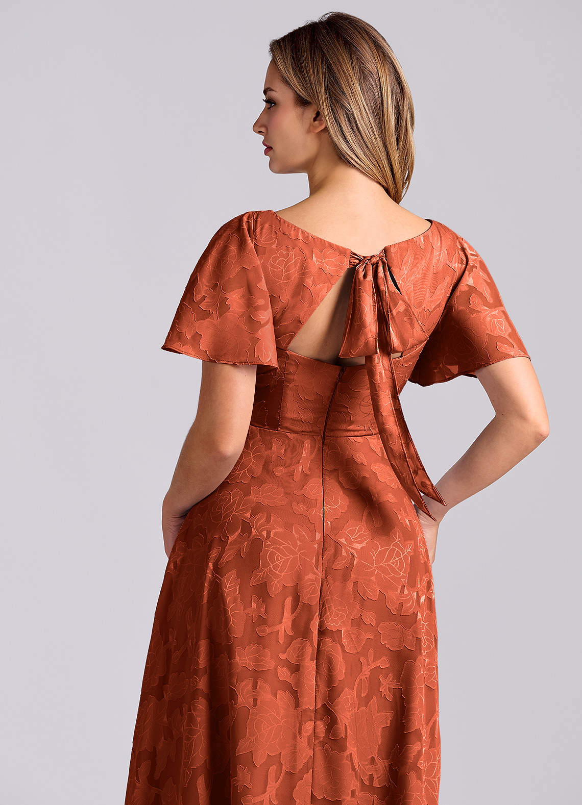 Kimber A-Line V-Neck Floral Burnout Bridesmaid Dress in Auburn