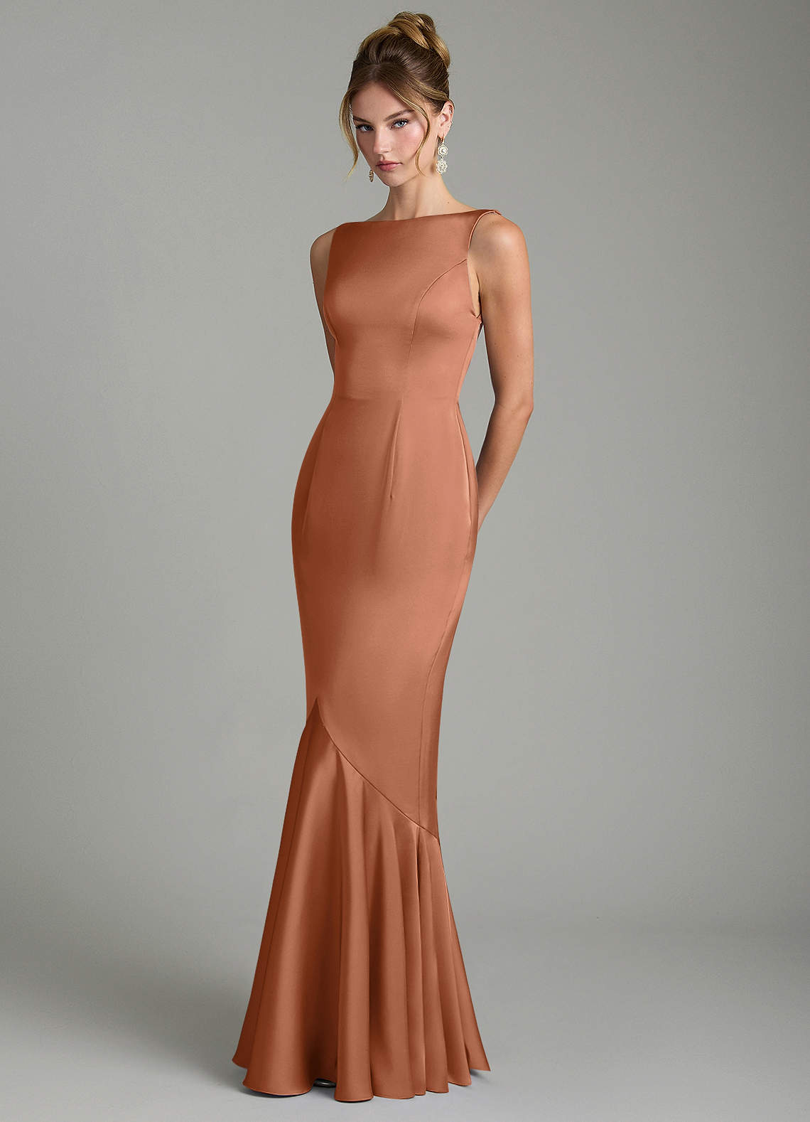 Tamera Mermaid Boat-Neck Stretch Satin and Chiffon Bridesmaid Dress in Bronzer