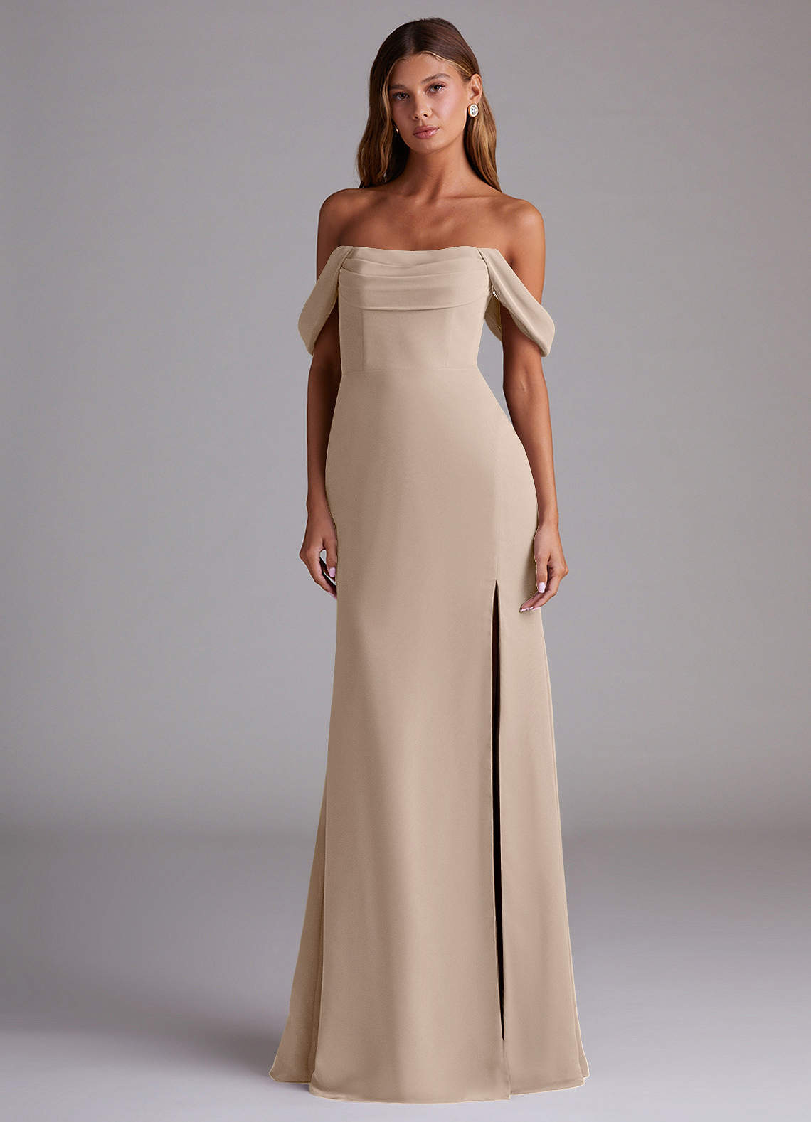 Saige A-Line Off-the-Shoulder Chiffon Bridesmaid Dress in Taupe