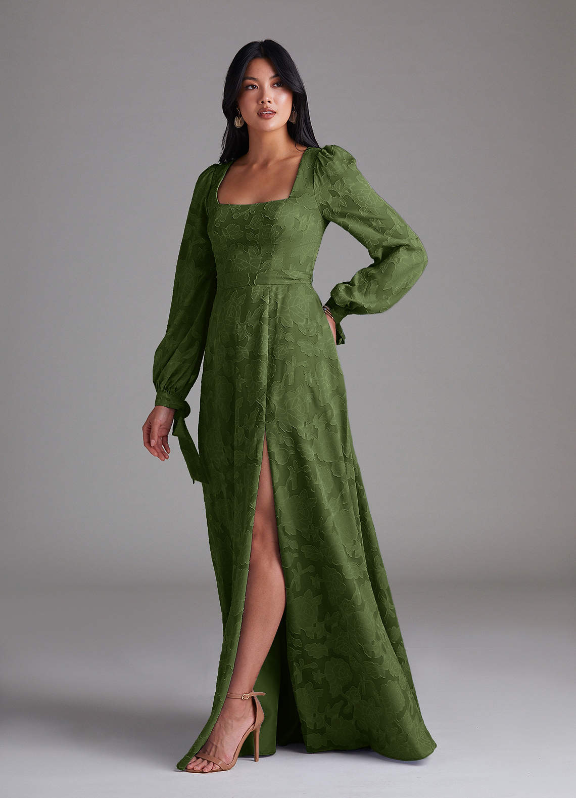 Leonia A-Line Square-Neck Stretch Satin Bridesmaid Dress in Olive