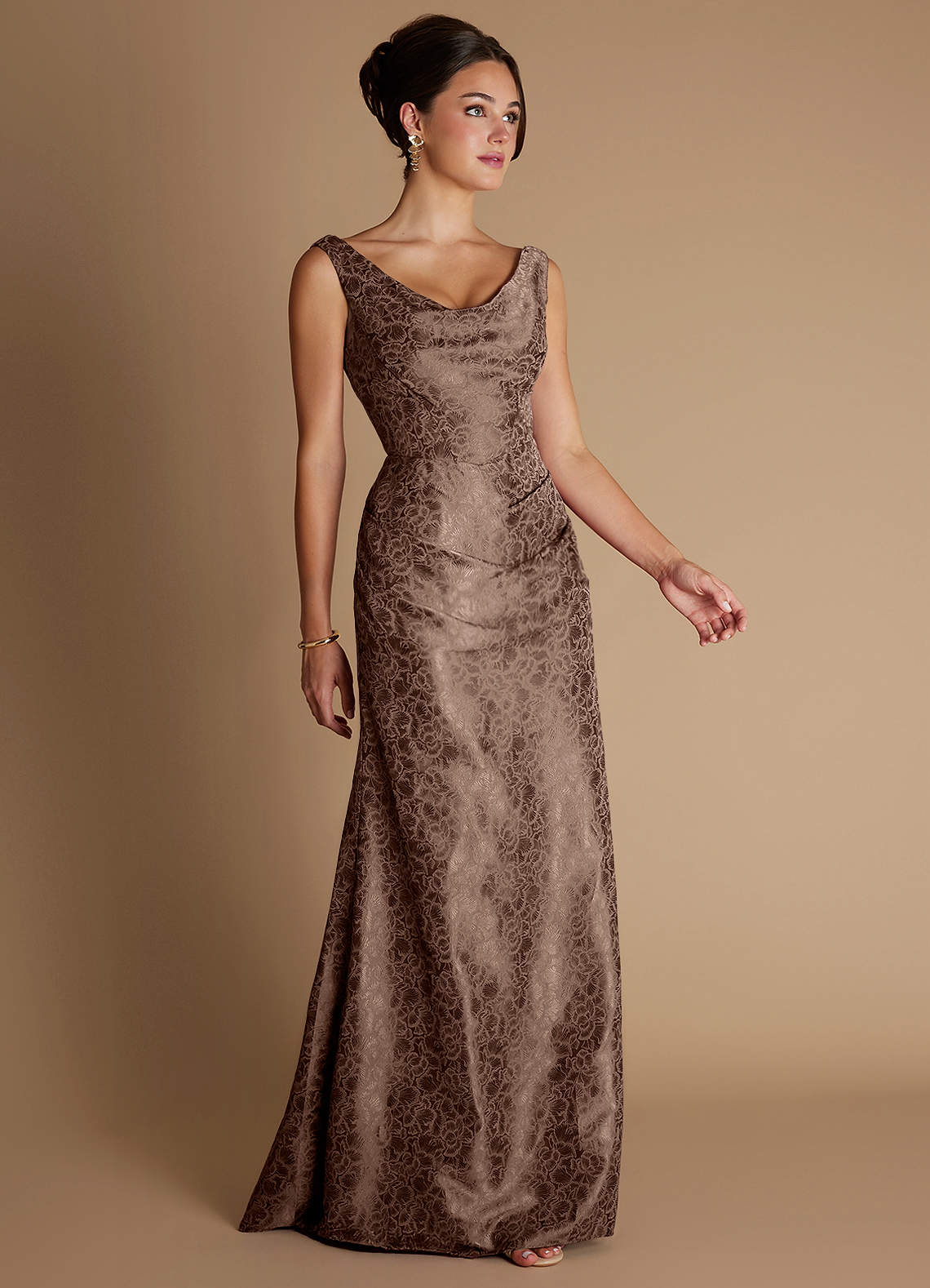 Kiana Mermaid Scoop-Neck Jacquard Wedding Guest Dress in Mocha Coco