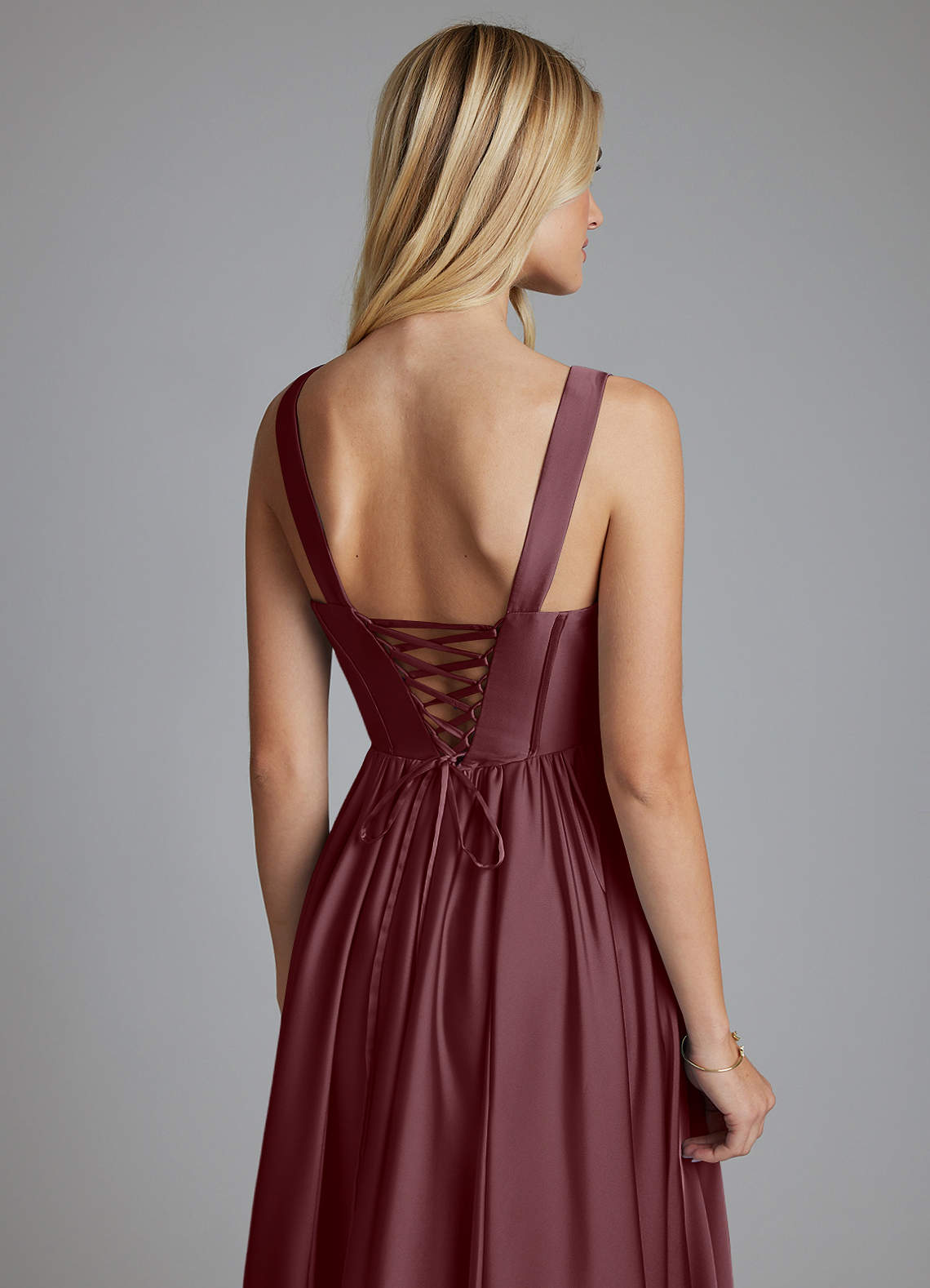 Delmie A-Line V-Neck Stretch Satin Bridesmaid Dress in Sangria