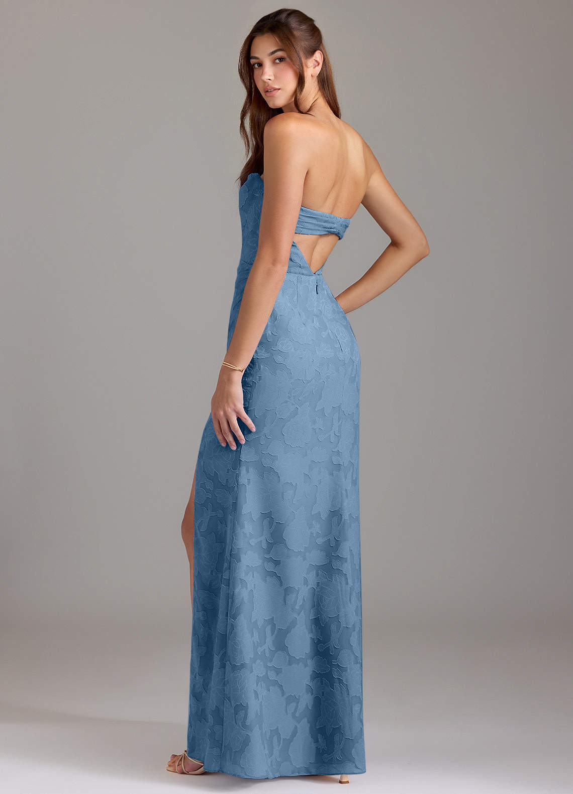 Leonis Sheath Strapless Floral Burnout Bridesmaid Dress in Steel Blue
