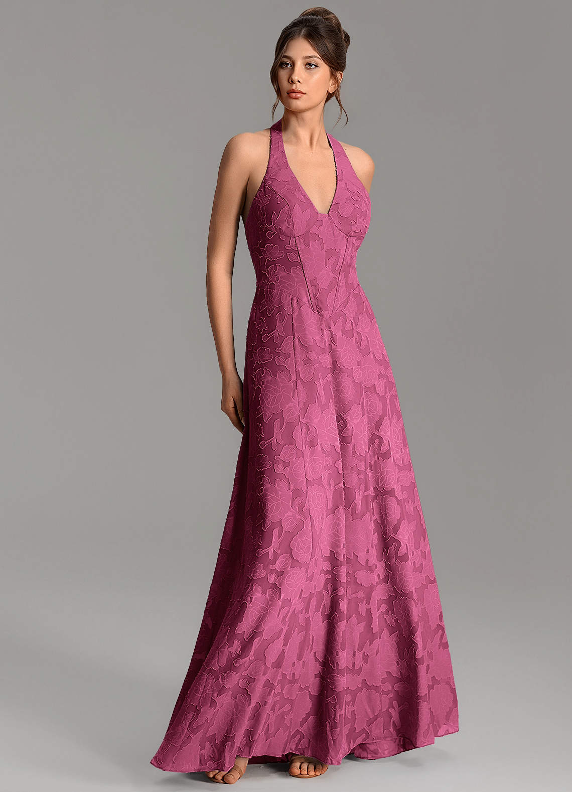 Nia A-Line V-Neck Floral Burnout Bridesmaid Dress in Mulberry