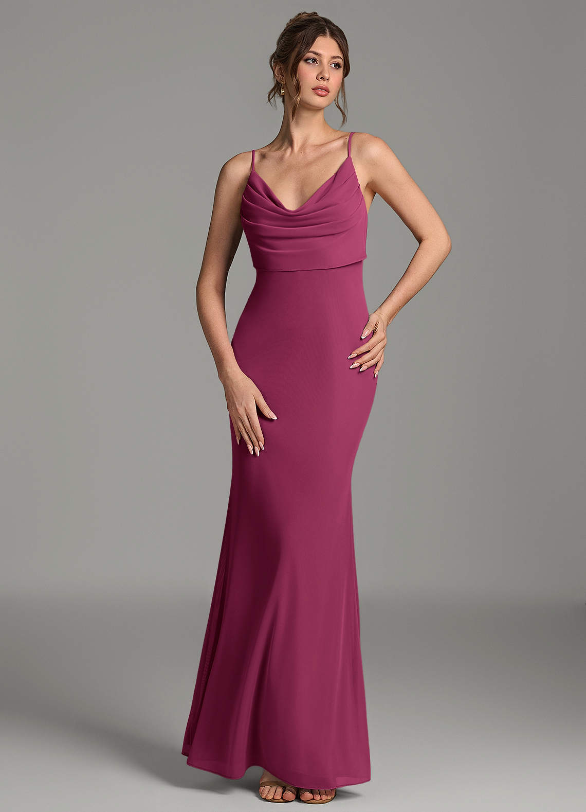 Zari Mermaid Cowl-Neck Mesh Bridesmaid Dress in Mulberry