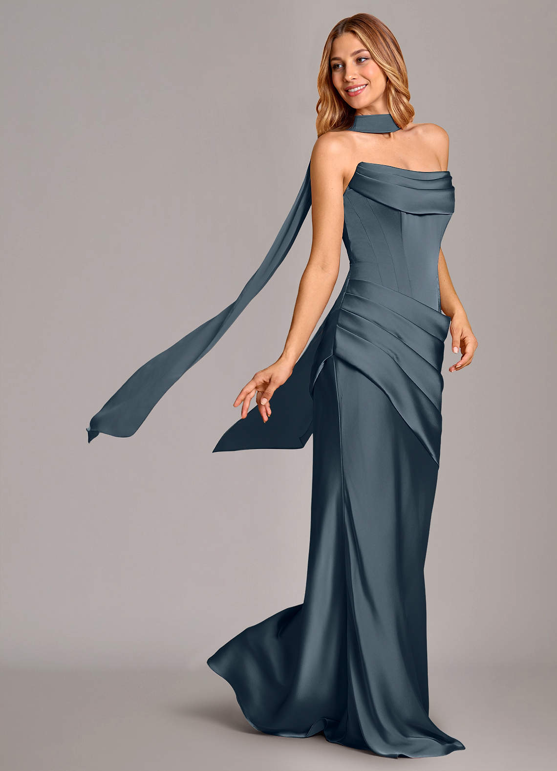 Pelagia Mermaid Cowl-Neck Stretch Satin Bridesmaid Dress in Twilight