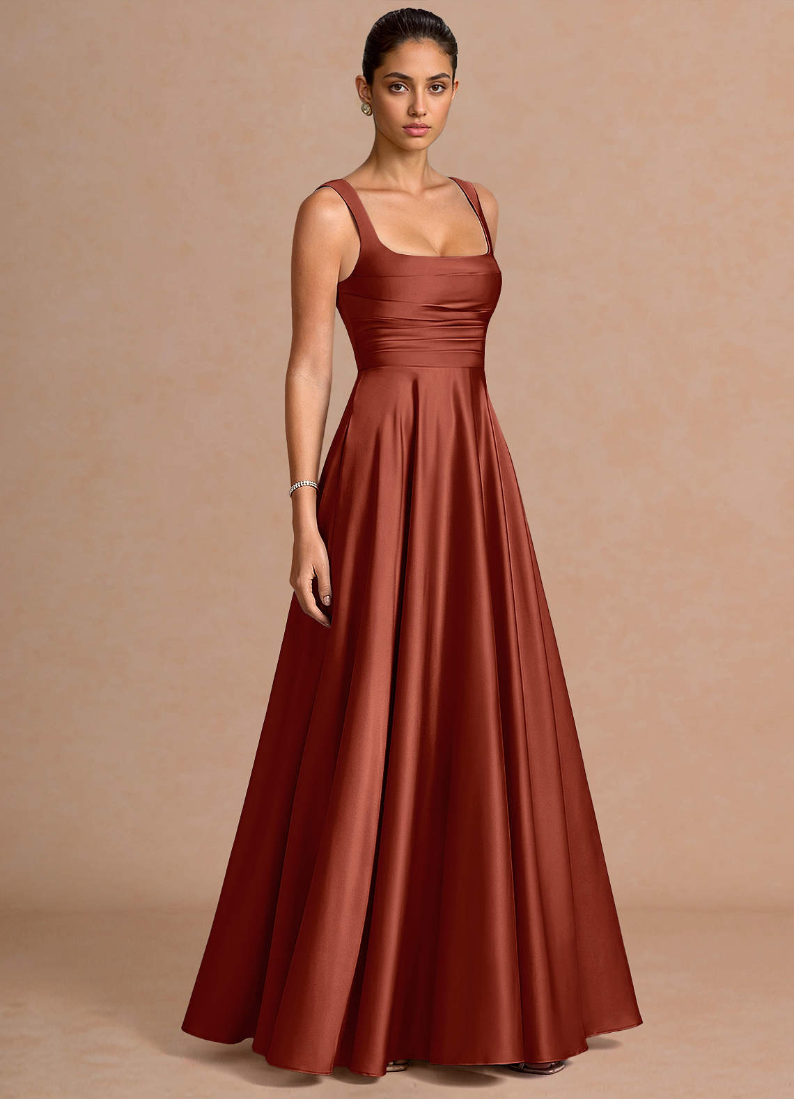 Azaria A-Line Square-Neck Stretch Satin Wedding Guest Dress in Burnt Umber