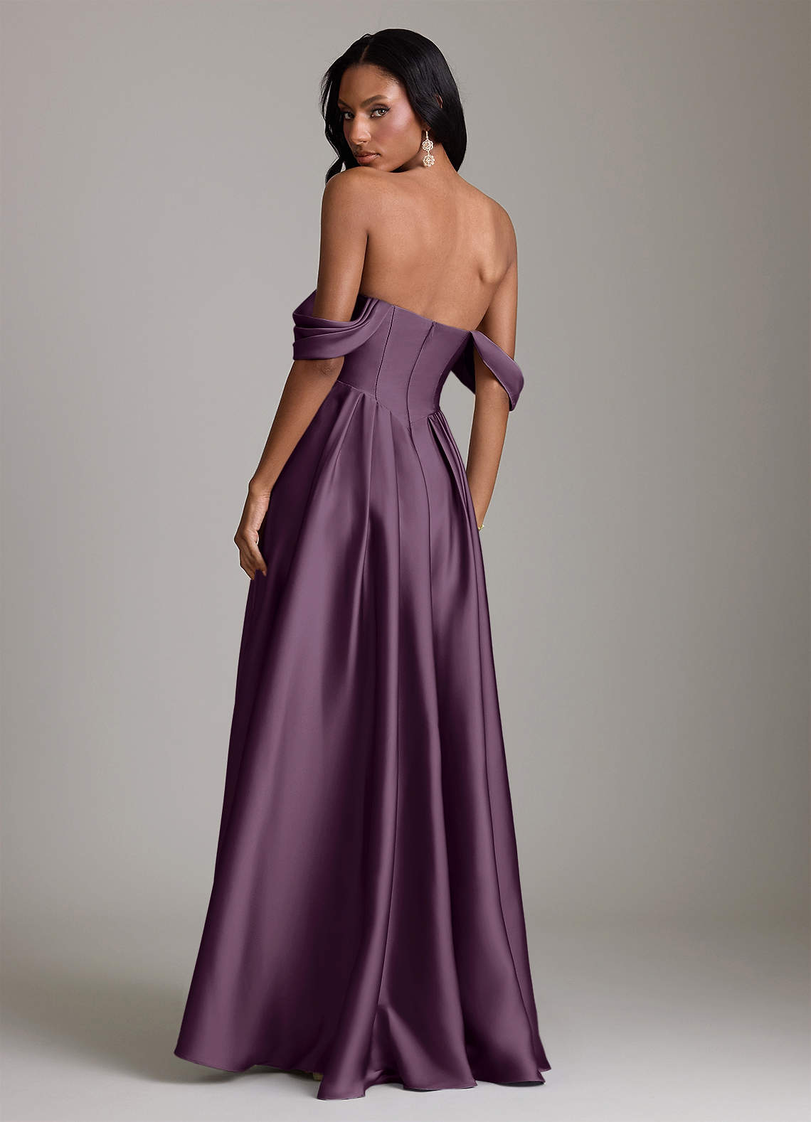 Loisa A-Line Off-the-Shoulder Stretch Satin Bridesmaid Dress in Plum