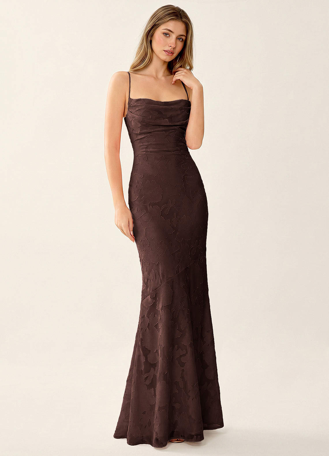 Natasha Mermaid Spaghetti-Strap Floral Burnout Evening Dress in Burgundy