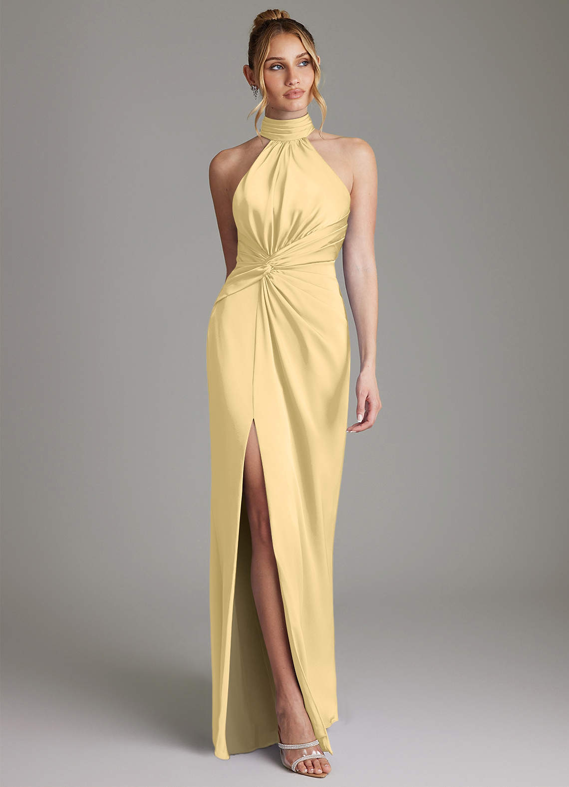 Gracelynn Sheath Halter Stretch Satin Bridesmaid Dress in Butter
