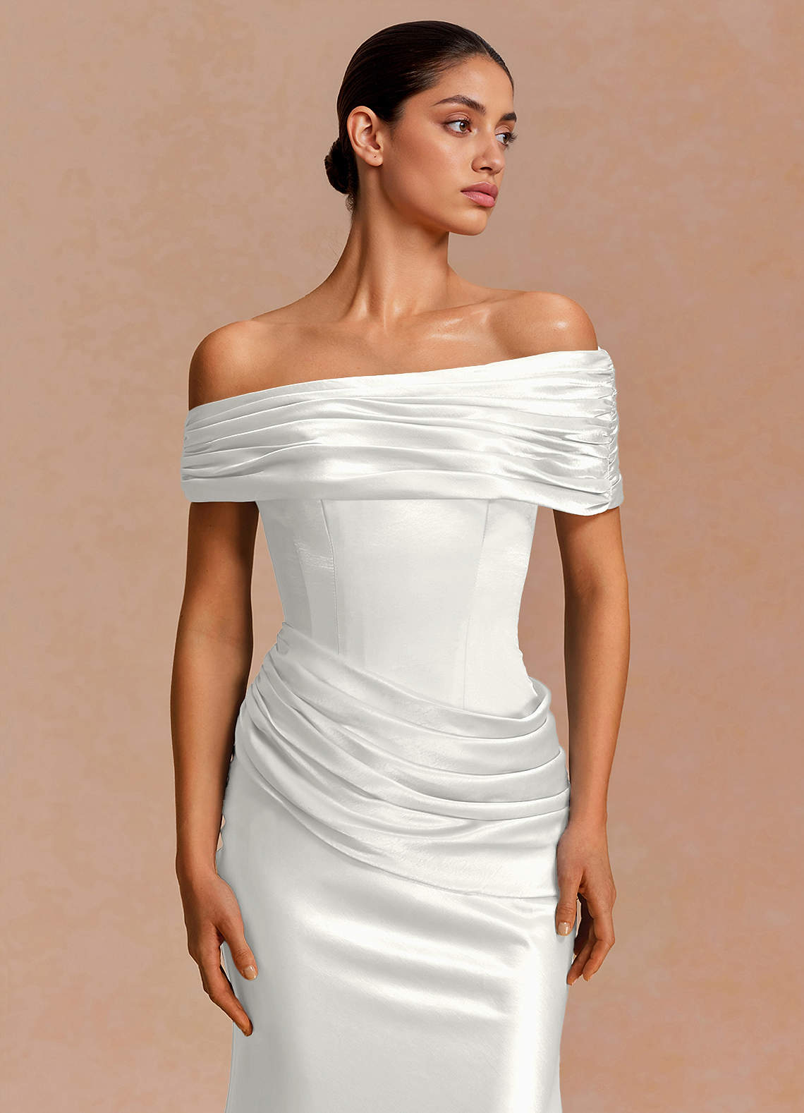 Leonie Strapless Draped-Shoulder Satin Evening Dress in White