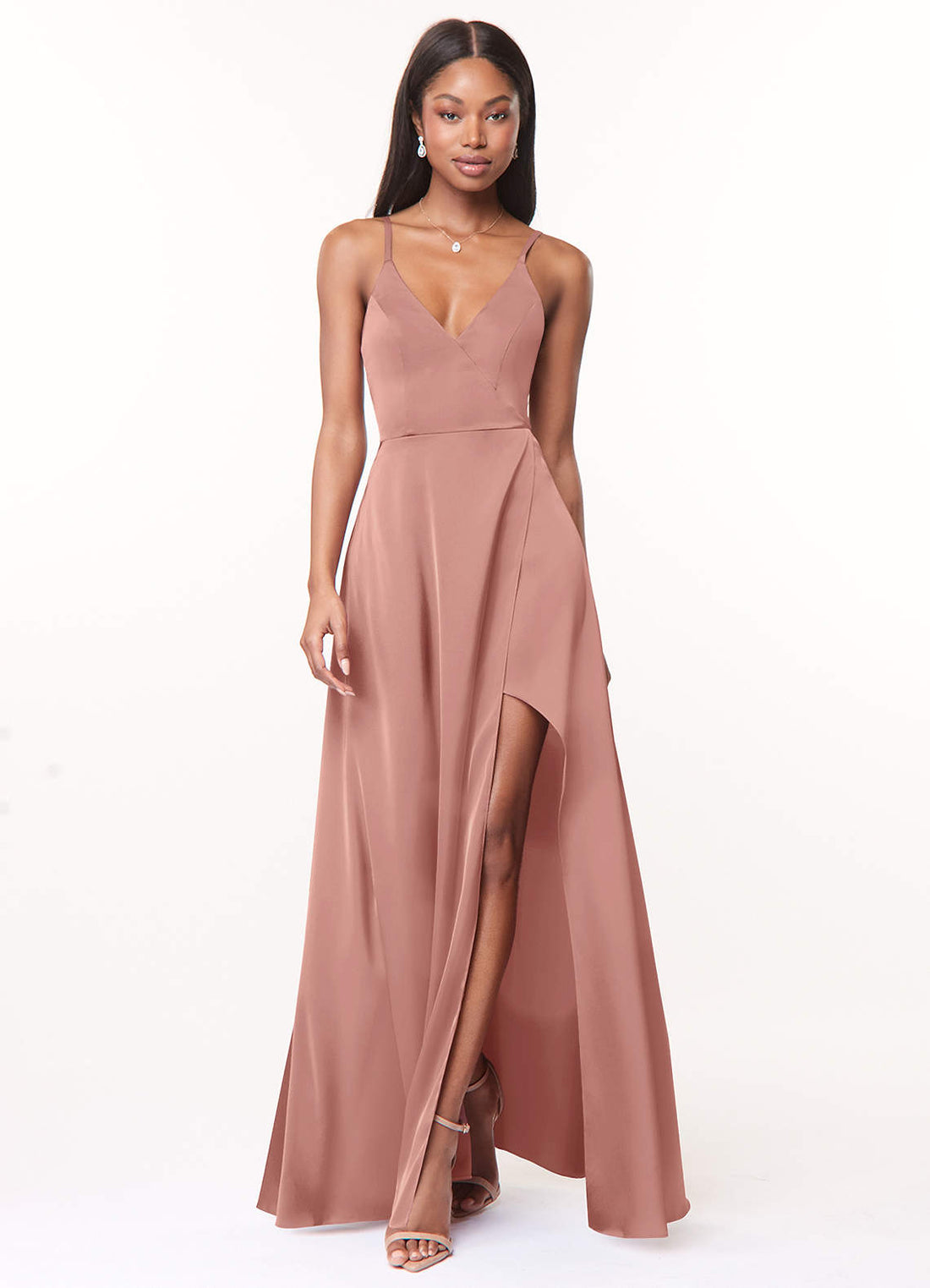 Maksim A-Line V-Neck Stretch Satin Bridesmaid Dress in Rosette