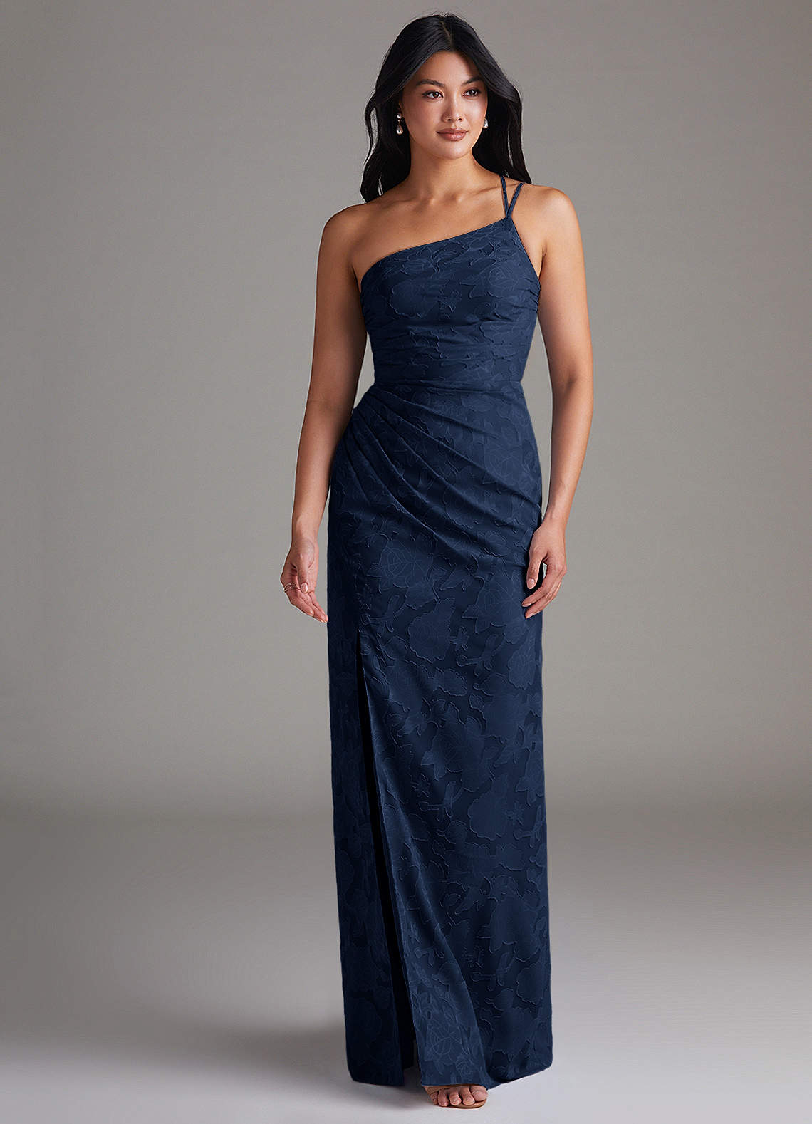 Eren Sheath One-Shoulder Floral Burnout Bridesmaid Dress in Dark Navy