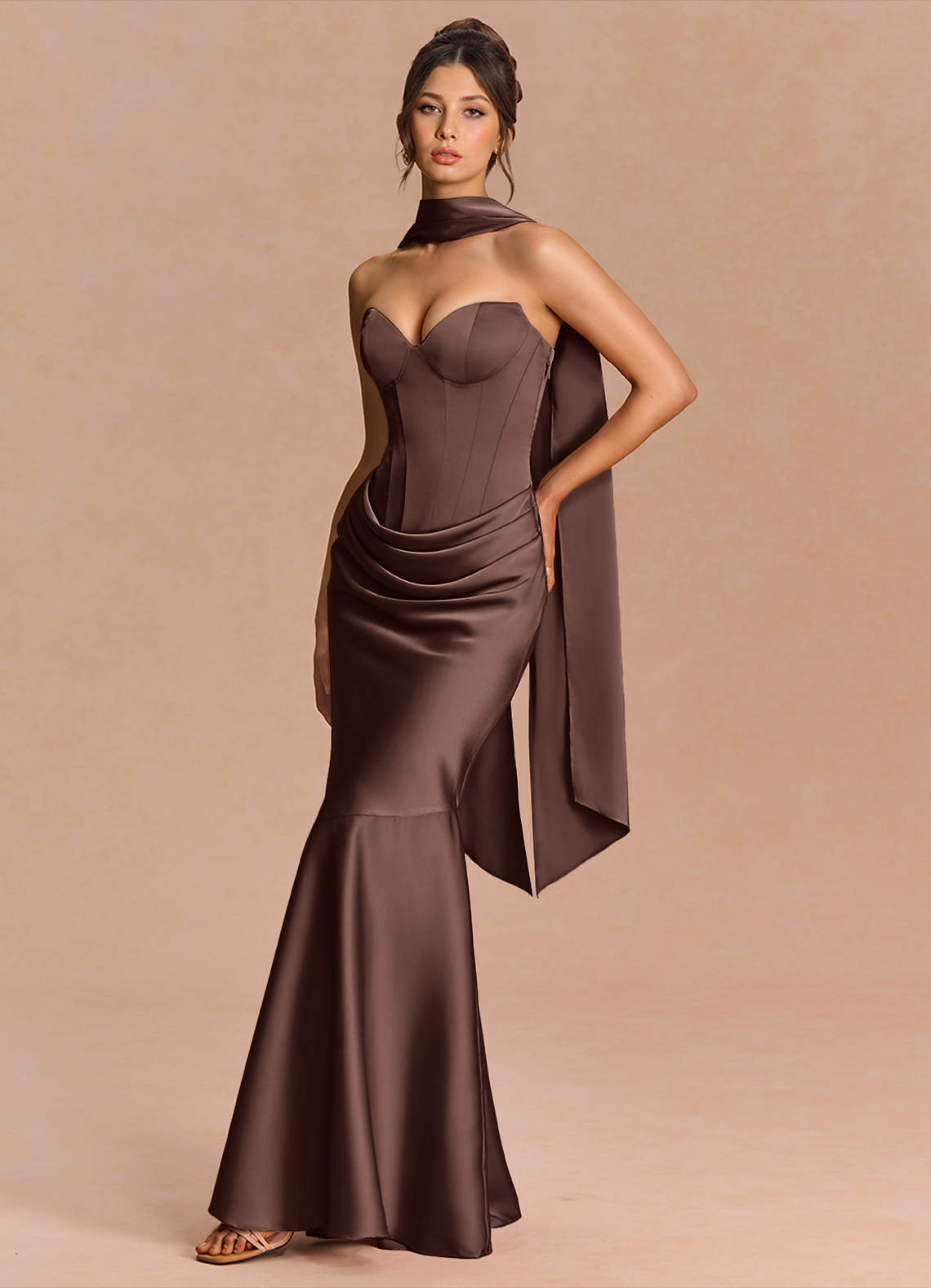 Euphemia Mermaid Strapless Stretch Satin Evening Dress in Truffle