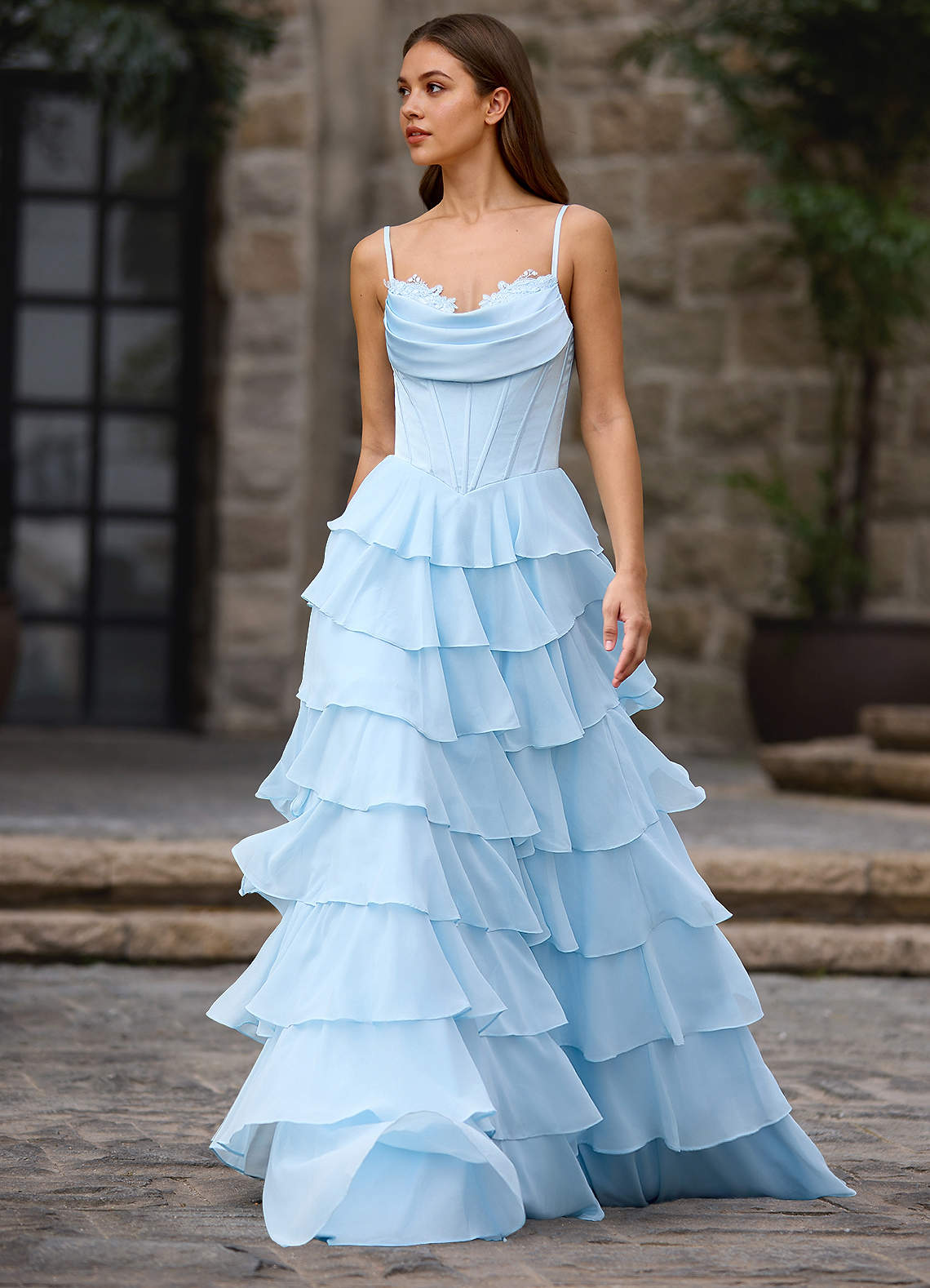 Floralace A-Line Ruffle Chiffon Evening Dress in Sky Blue