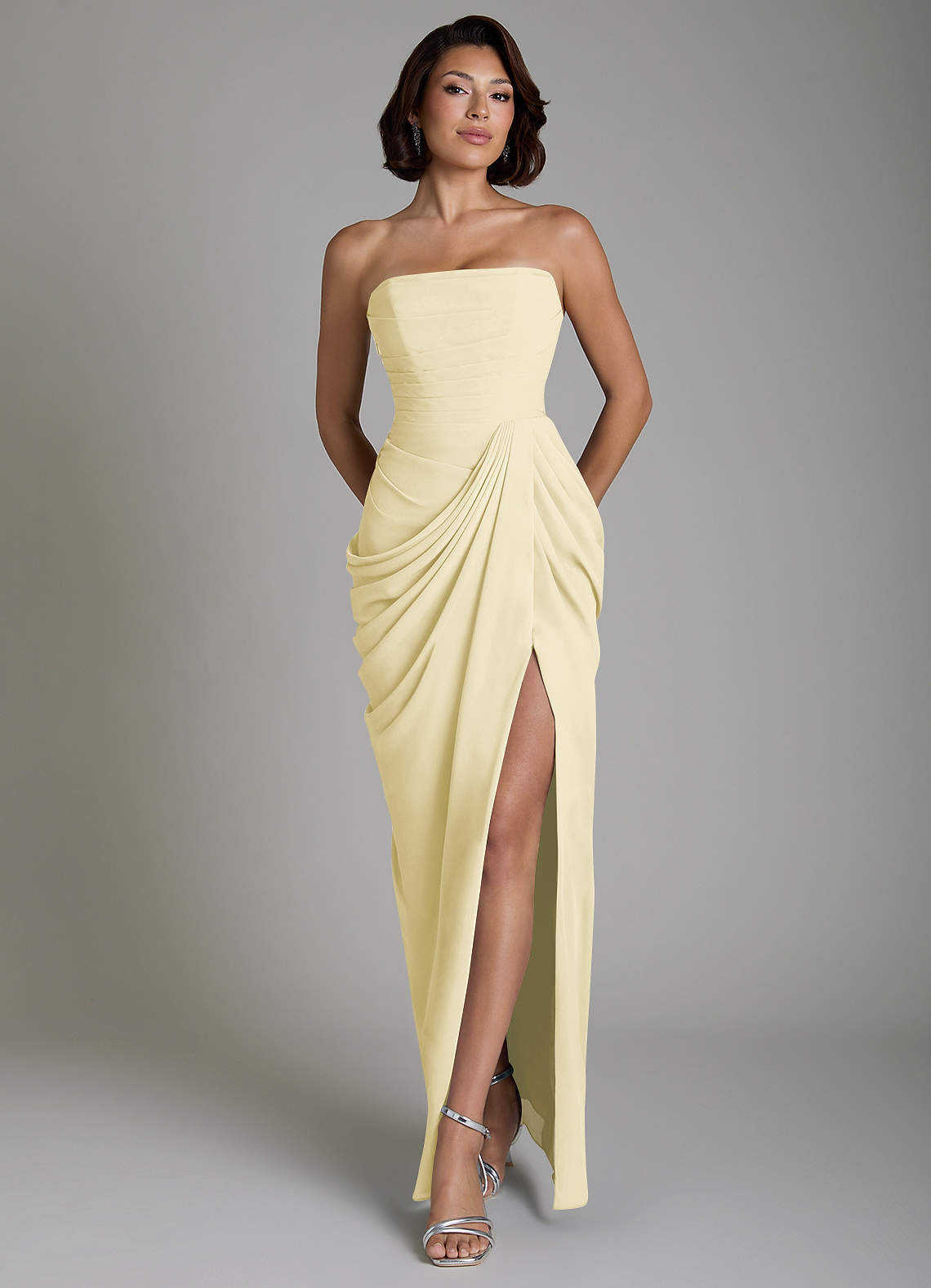 Nyra Sheath Strapless Chiffon Bridesmaid Dress in Lemon Sorbet