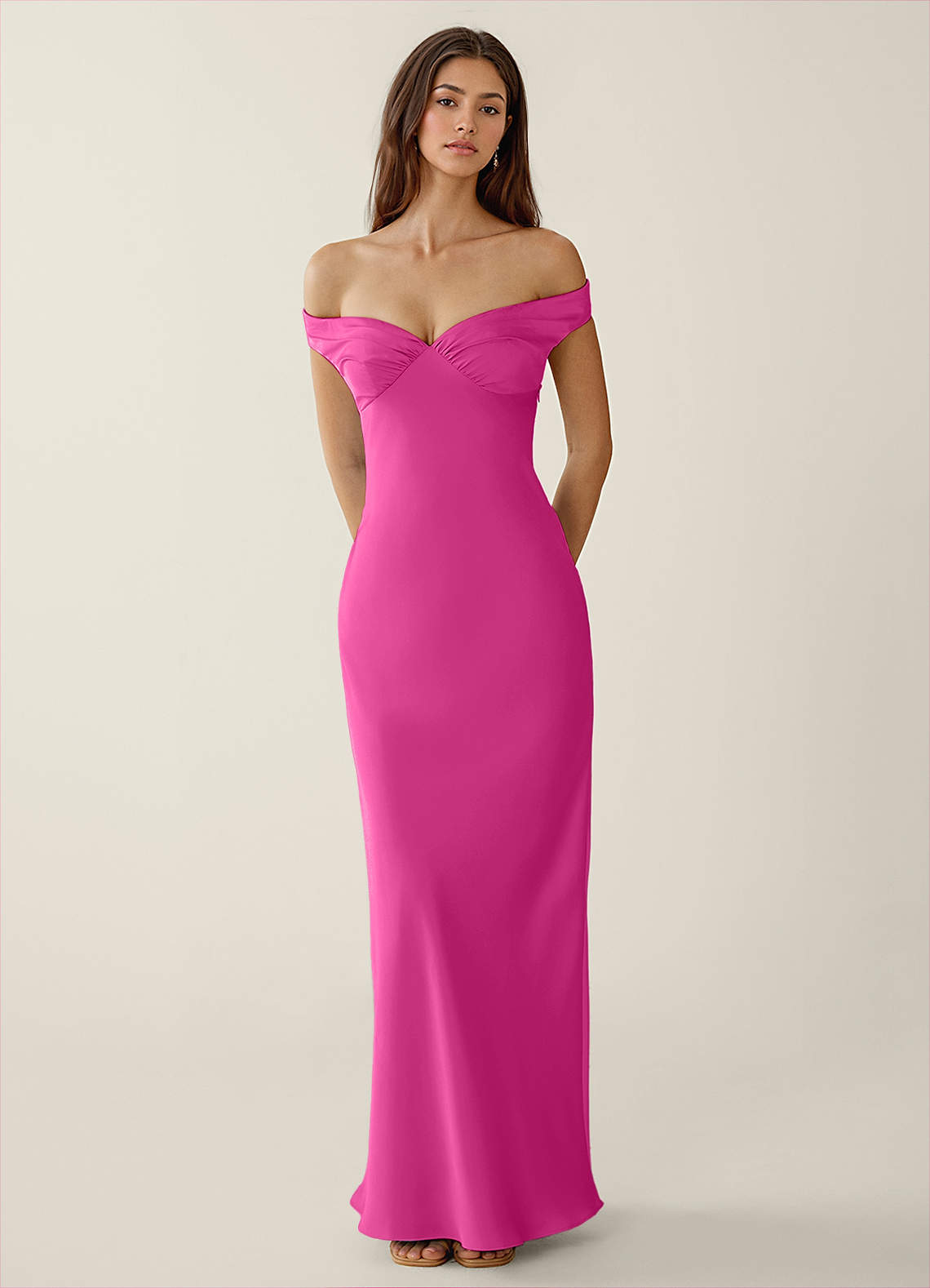 Gwendonme Sheath Off-the-Shoulder Satin Crystal Linen Evening Dress in Hot Pink