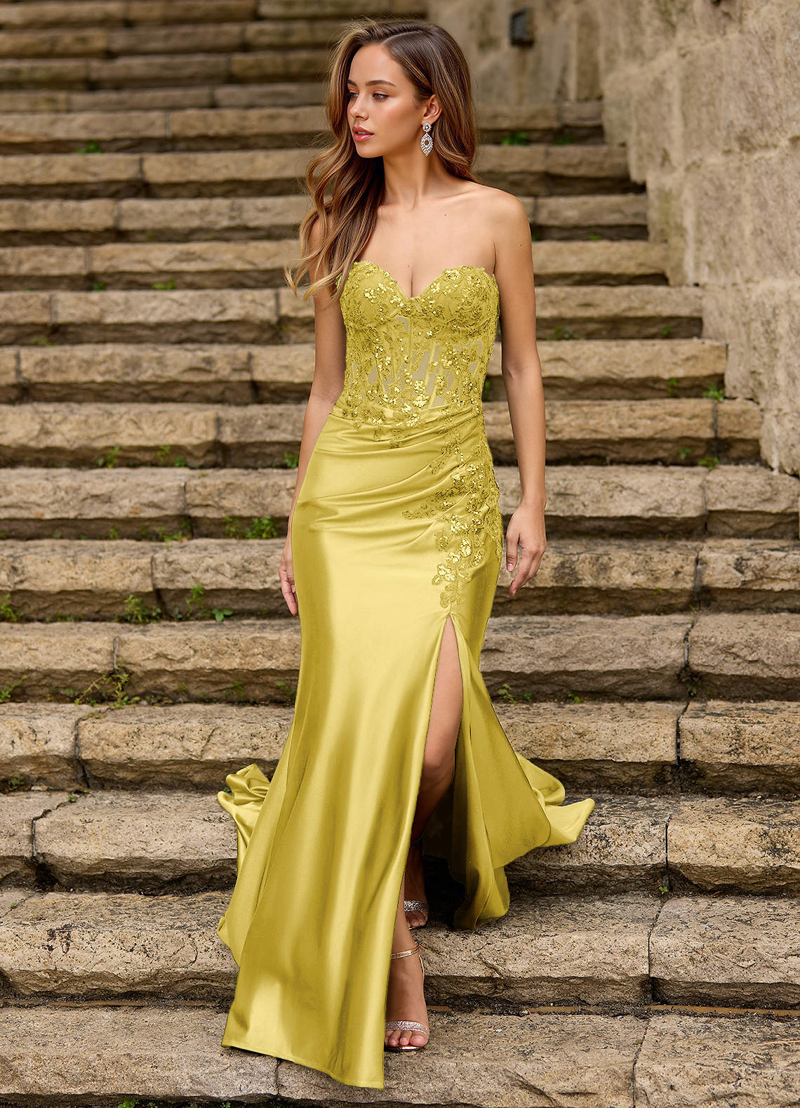 Emblace Mermaid Off-the-Shoulder Stretch Satin Evening Dress in Lemon Sorbet