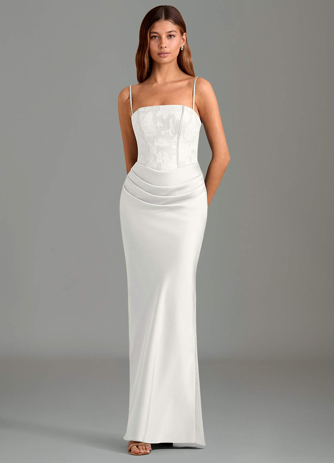 Emilia Mermaid Strapless Stretch Satin and Floral Burnout Bridesmaid Dress in white