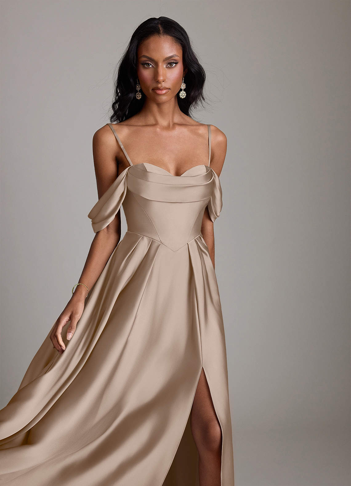 Loisa A-Line Off-the-Shoulder Stretch Satin Bridesmaid Dress in Taupe