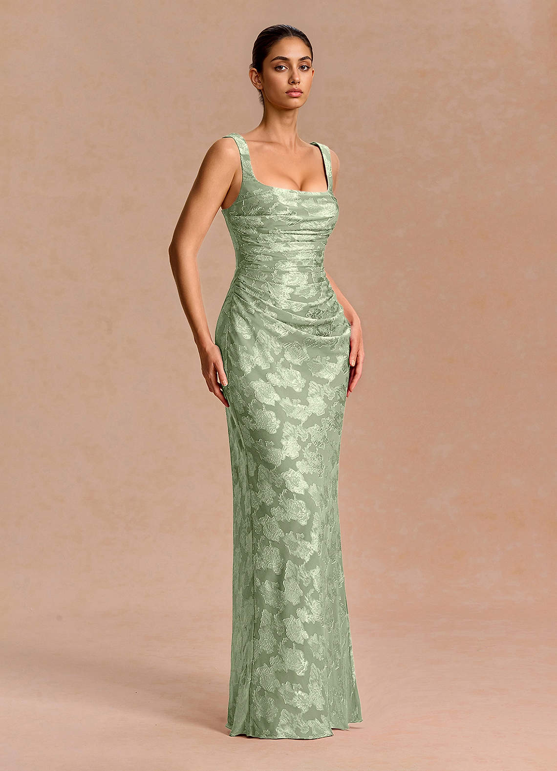Agustina Square-Neck Pleated Fil Coupé Evening Dress in Light Green