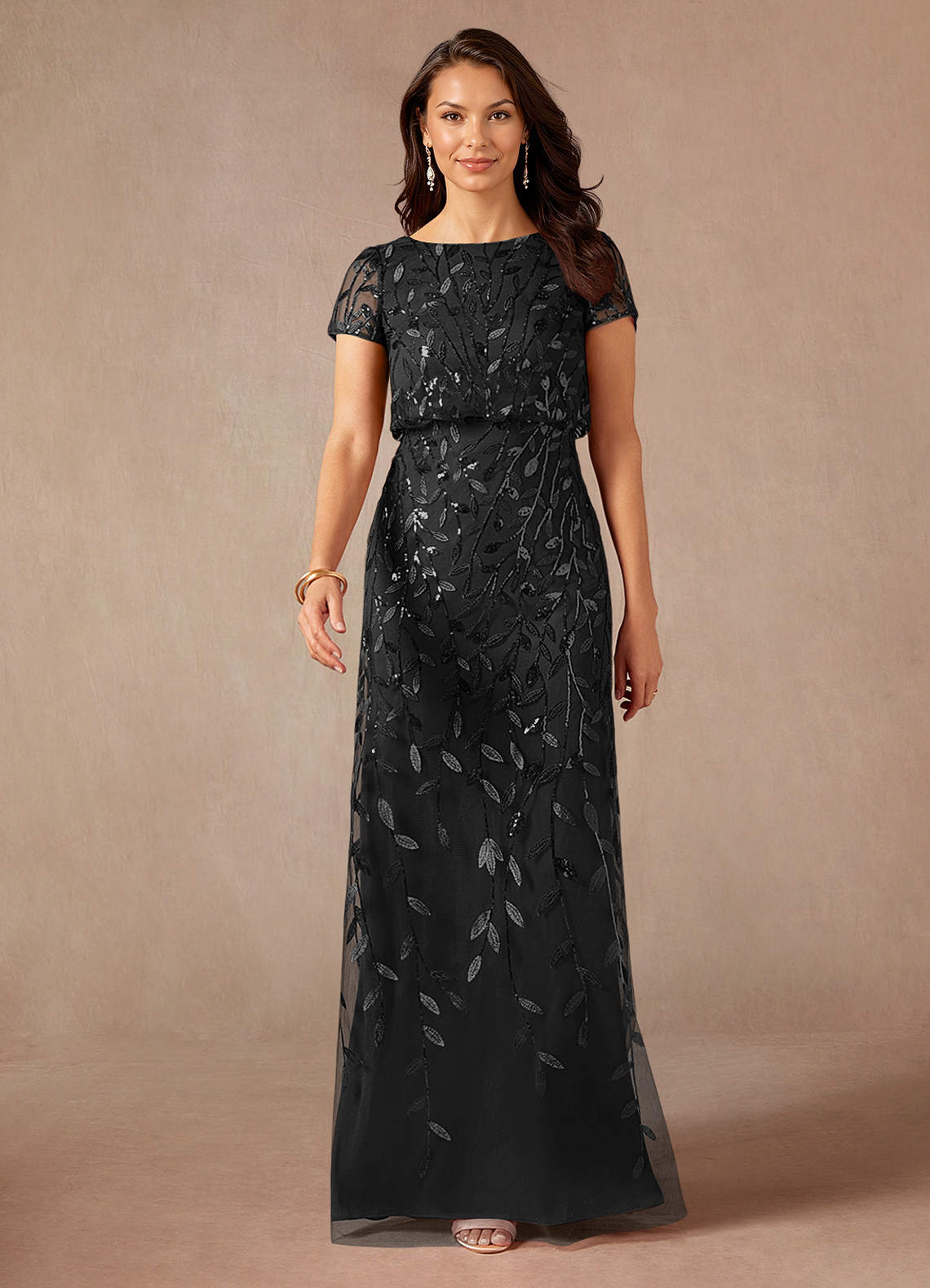 Lehi A-Line Boat-Neck Sequined Tulle Mother of the Bride Dress in black