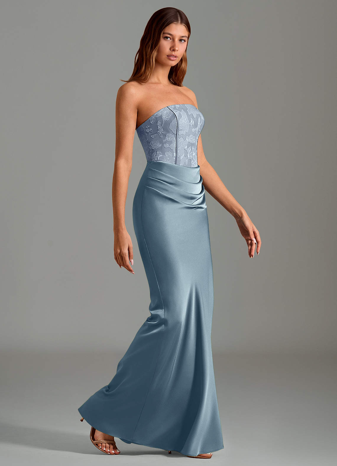Emilia Mermaid Strapless Stretch Satin and Floral Burnout Bridesmaid Dress in dusty blue