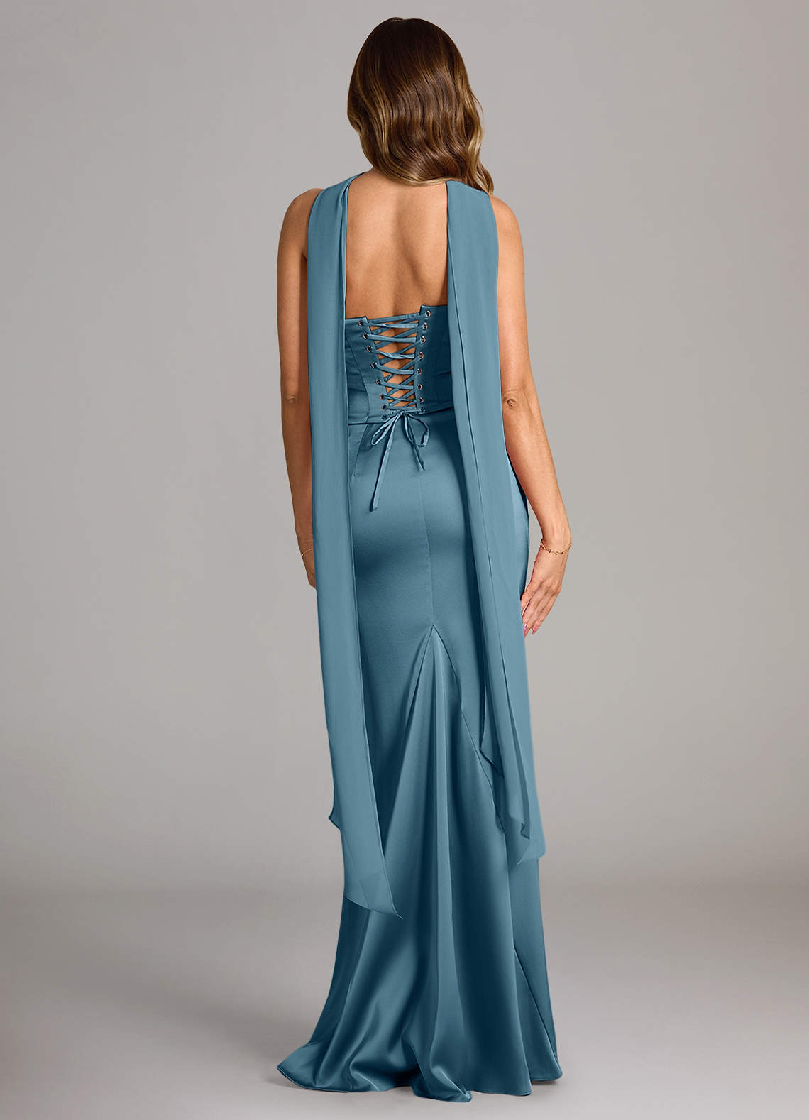 Sorrel Mermaid Cowl-Neck Stretch Satin and Chiffon Bridesmaid Dress in Bermuda