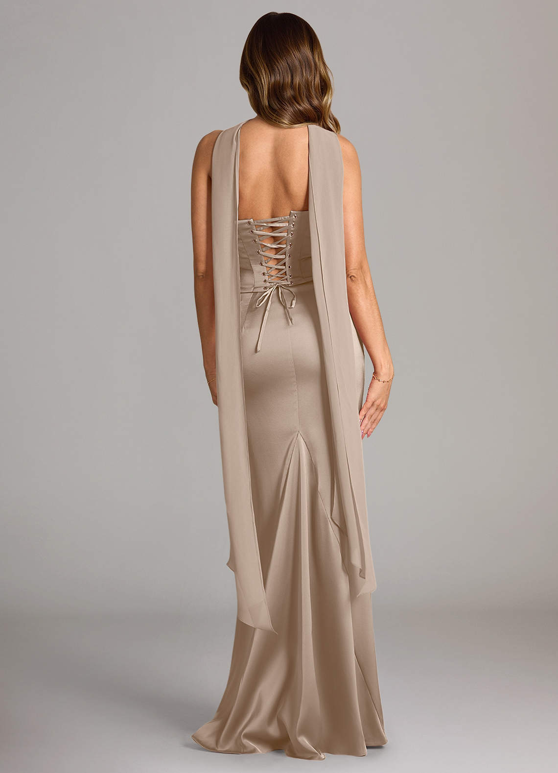 Sorrel Mermaid Cowl-Neck Stretch Satin and Chiffon Bridesmaid Dress in Taupe