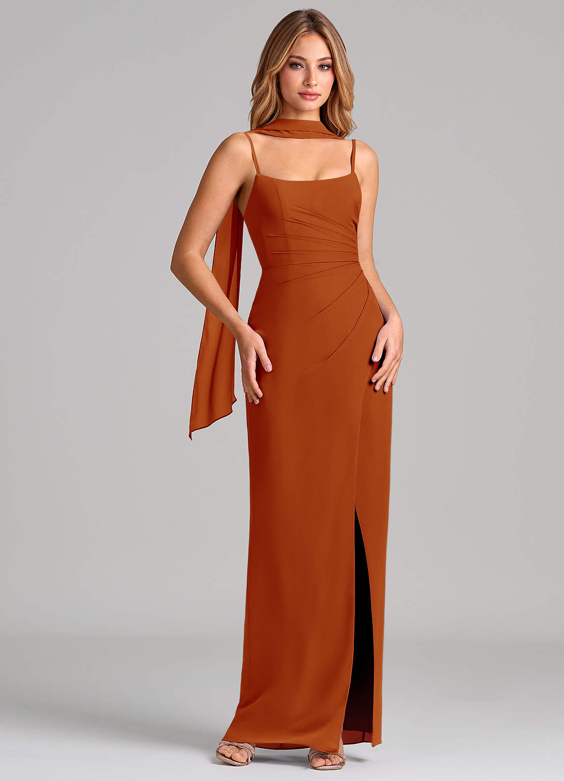 Calandra Sheath Scoop-Neck Chiffon Bridesmaid Dress in Paprika