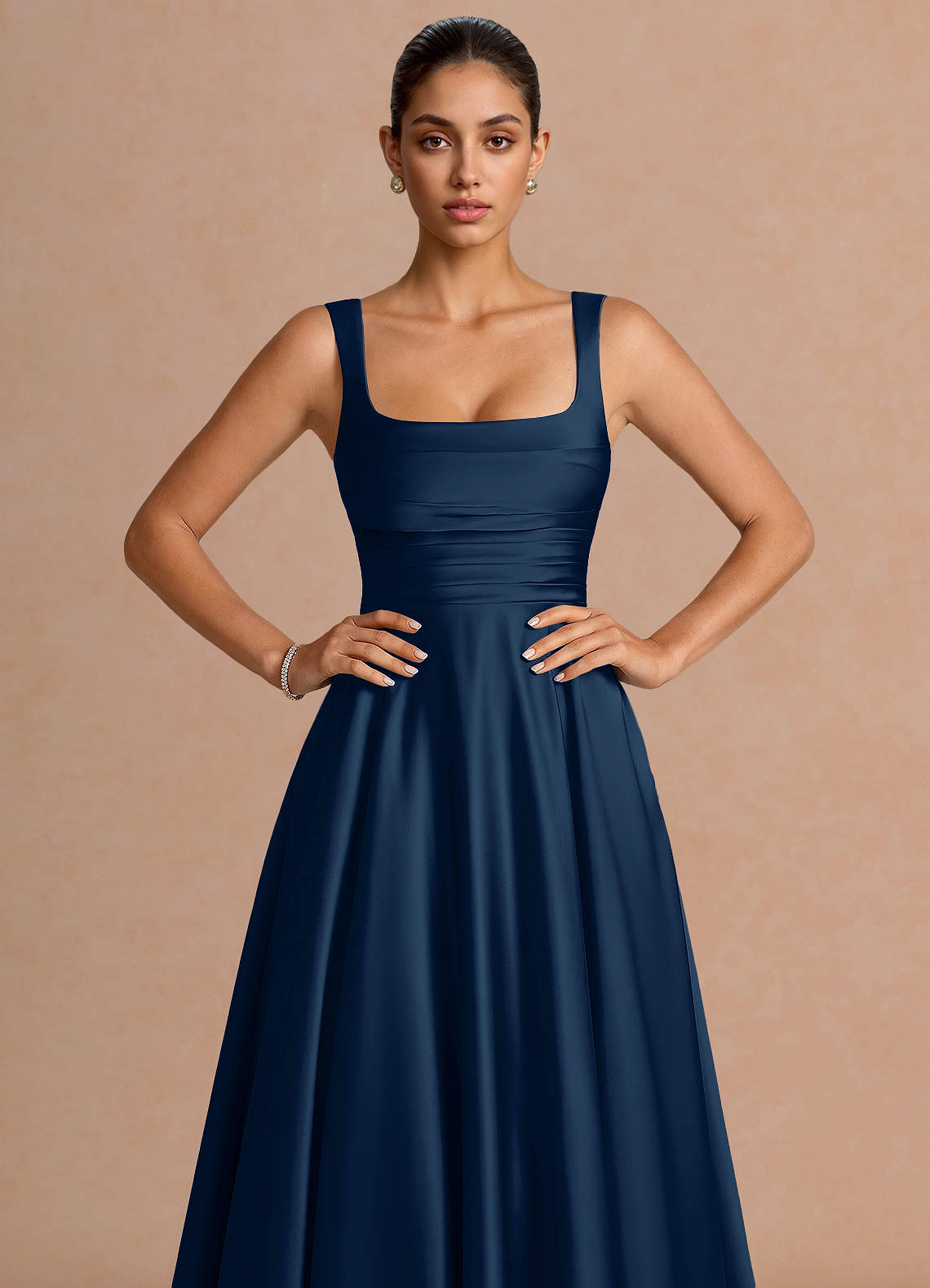 Azaria A-Line Square-Neck Stretch Satin Wedding Guest Dress in Navy