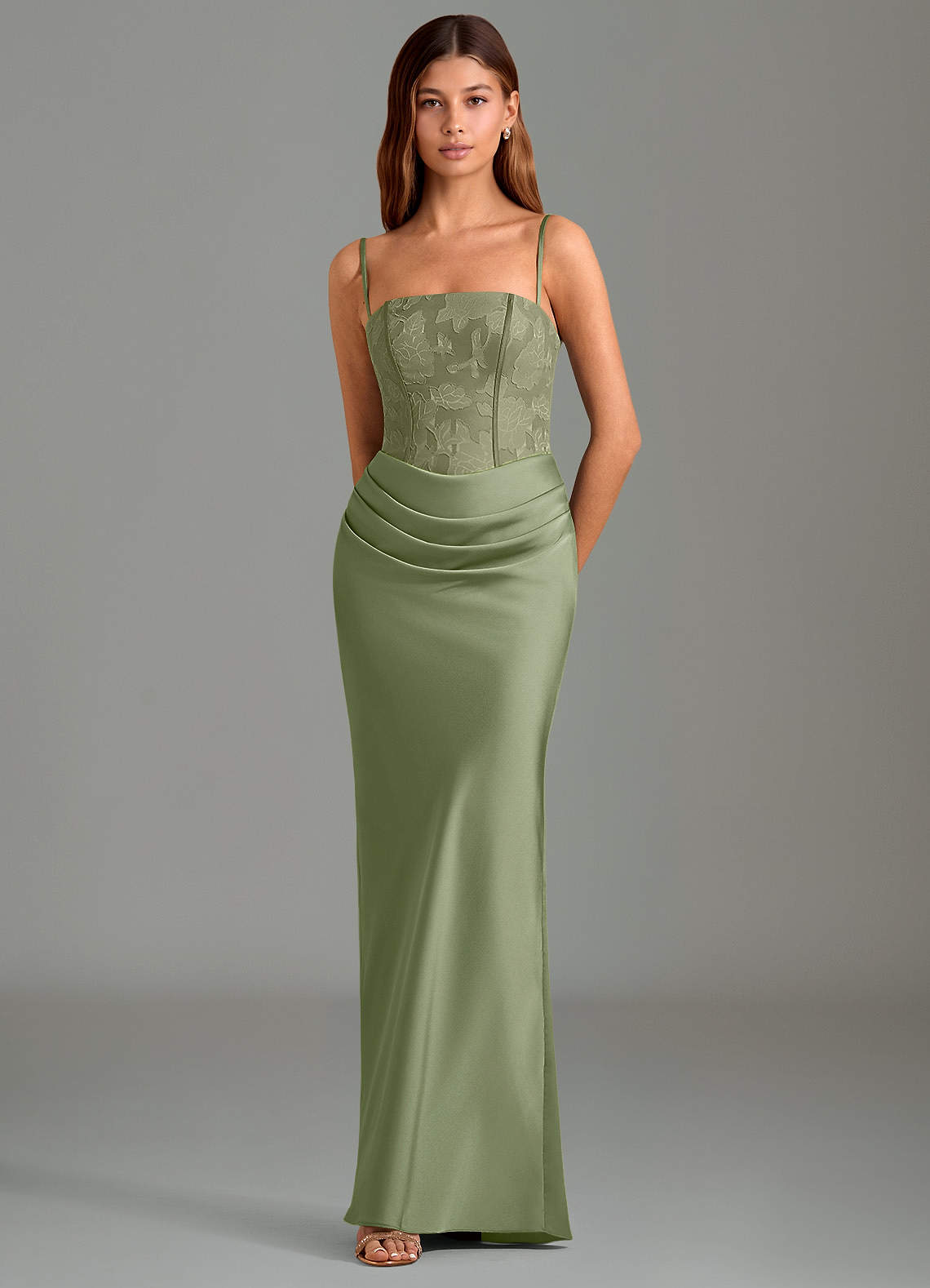 Emilia Mermaid Strapless Stretch Satin and Floral Burnout Bridesmaid Dress in Pistachio