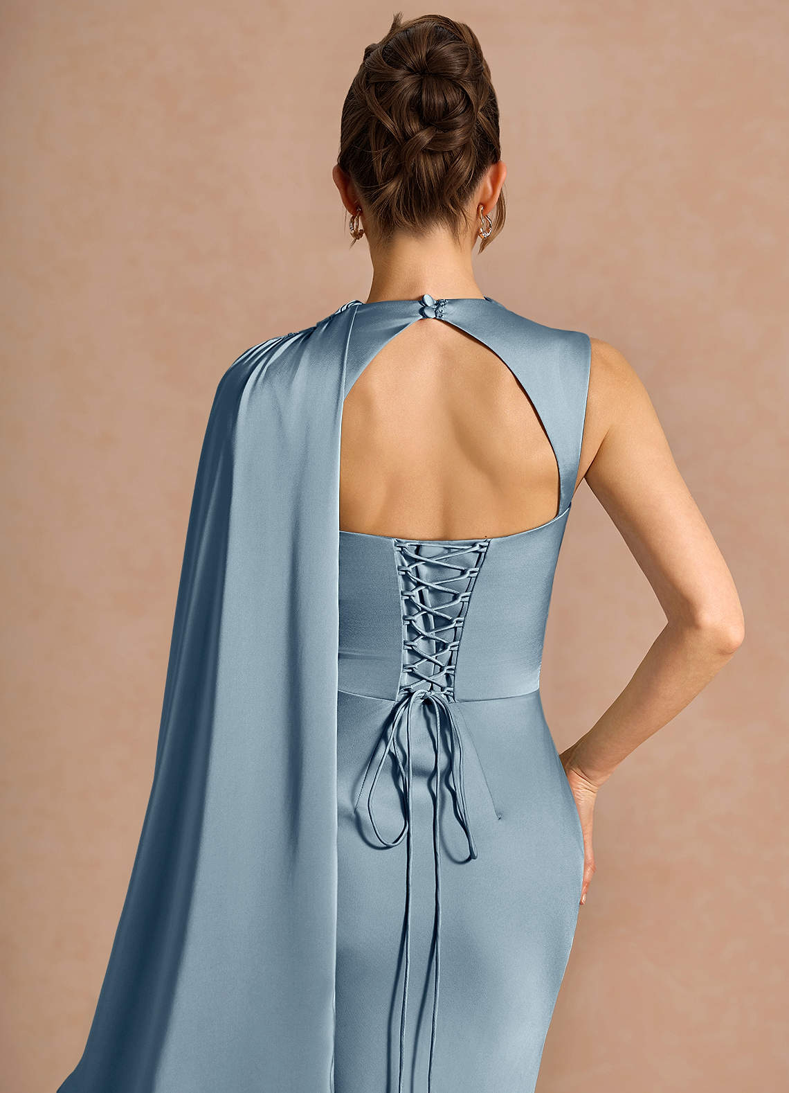 Chesney Cape-Sleeve Pleated Stretch Satin Wedding Guest Dress in Dusty Blue
