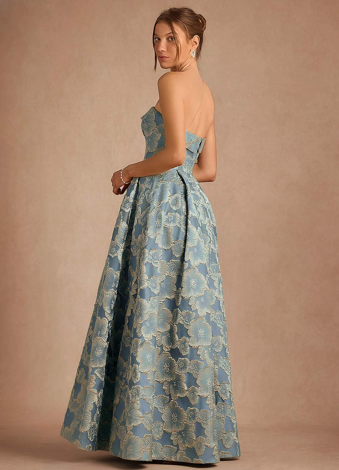 Florentine A-Line Bandeau Jacquard Taffeta Evening Dress in Lake Blue
