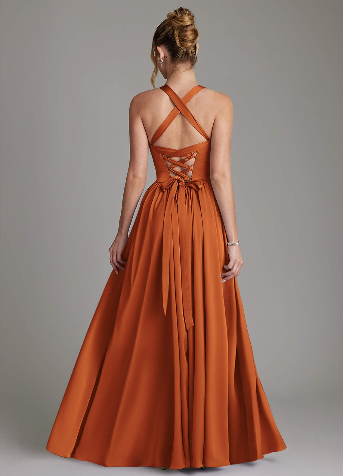 Francis A-Line V-Neck Stretch Satin Bridesmaid Dress in Cinnamon