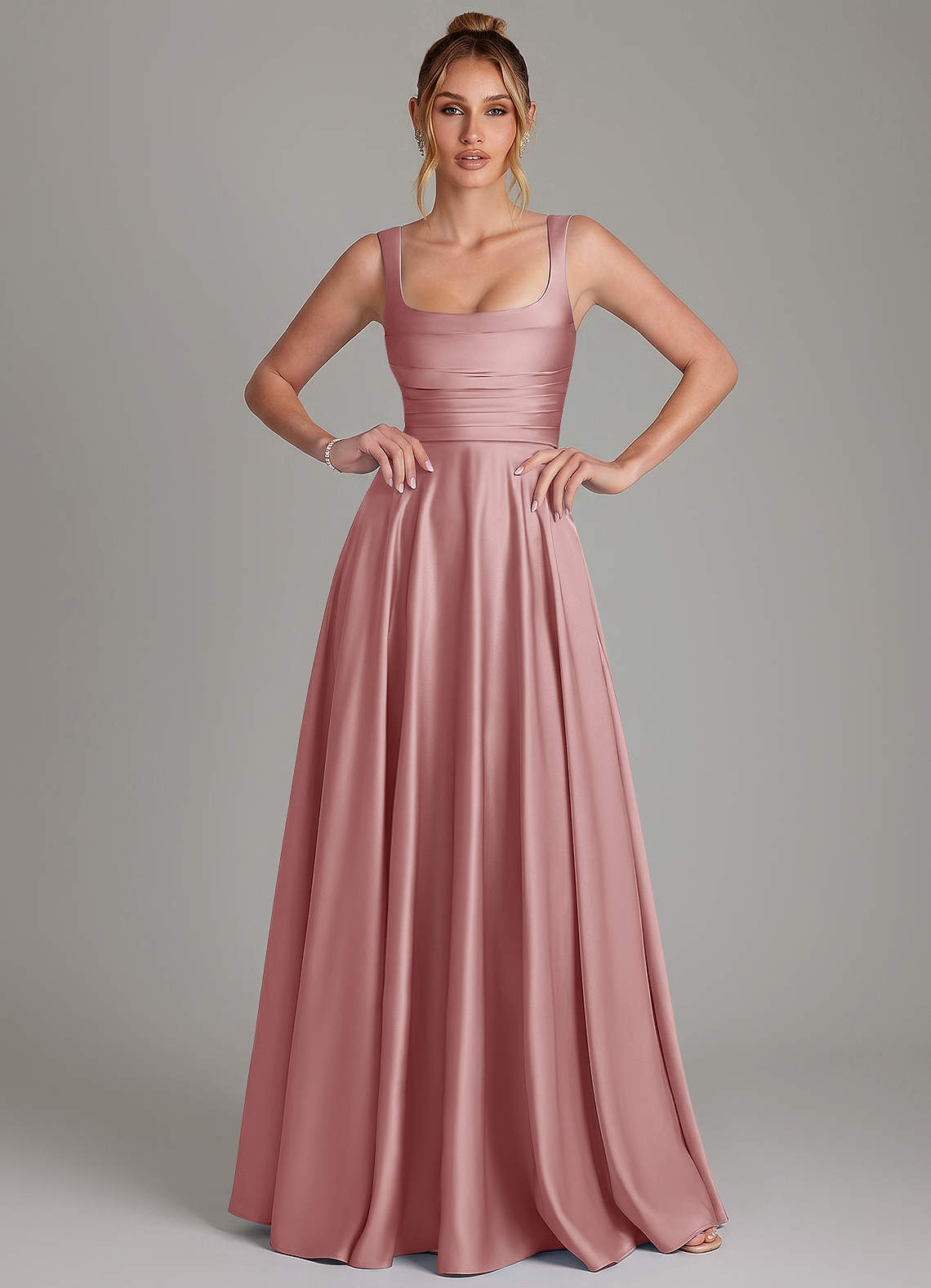 Azaria A-Line Square-Neck Stretch Satin Bridesmaid Dress in dusty rose