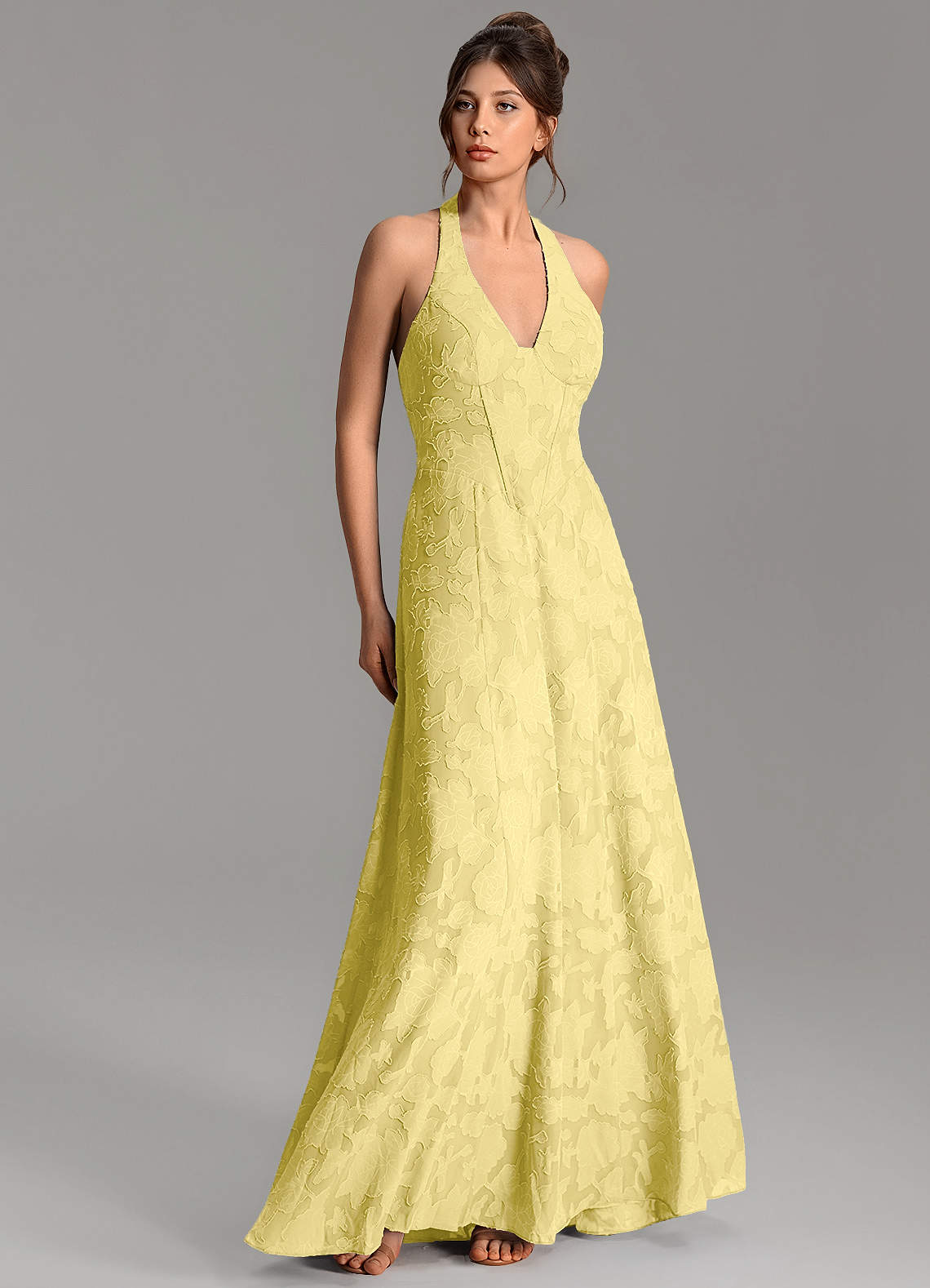 Nia A-Line V-Neck Floral Burnout Bridesmaid Dress in Canary
