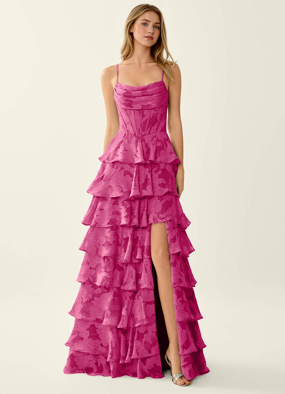 Wrenana A-Line Cowl-Neck Floral Burnout Evening Dress in Fuchsia