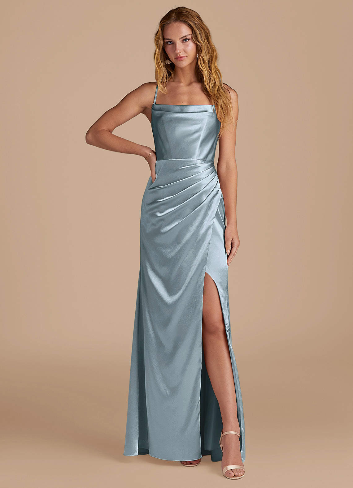 Marzia Mermaid Square-Neck Metallic Satin Bridesmaid Dress in dusty blue