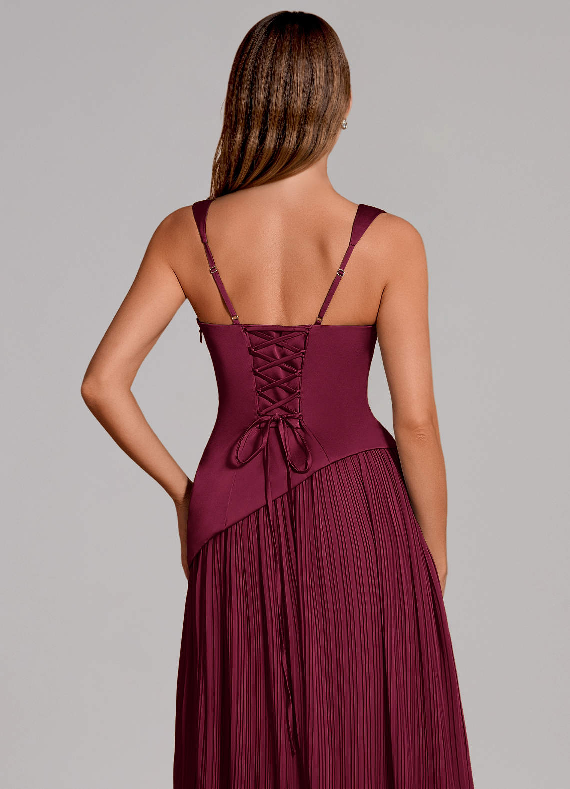 Stephanie A-Line Square-Neck Stretch Satin and Chiffon Bridesmaid Dress in Burgundy
