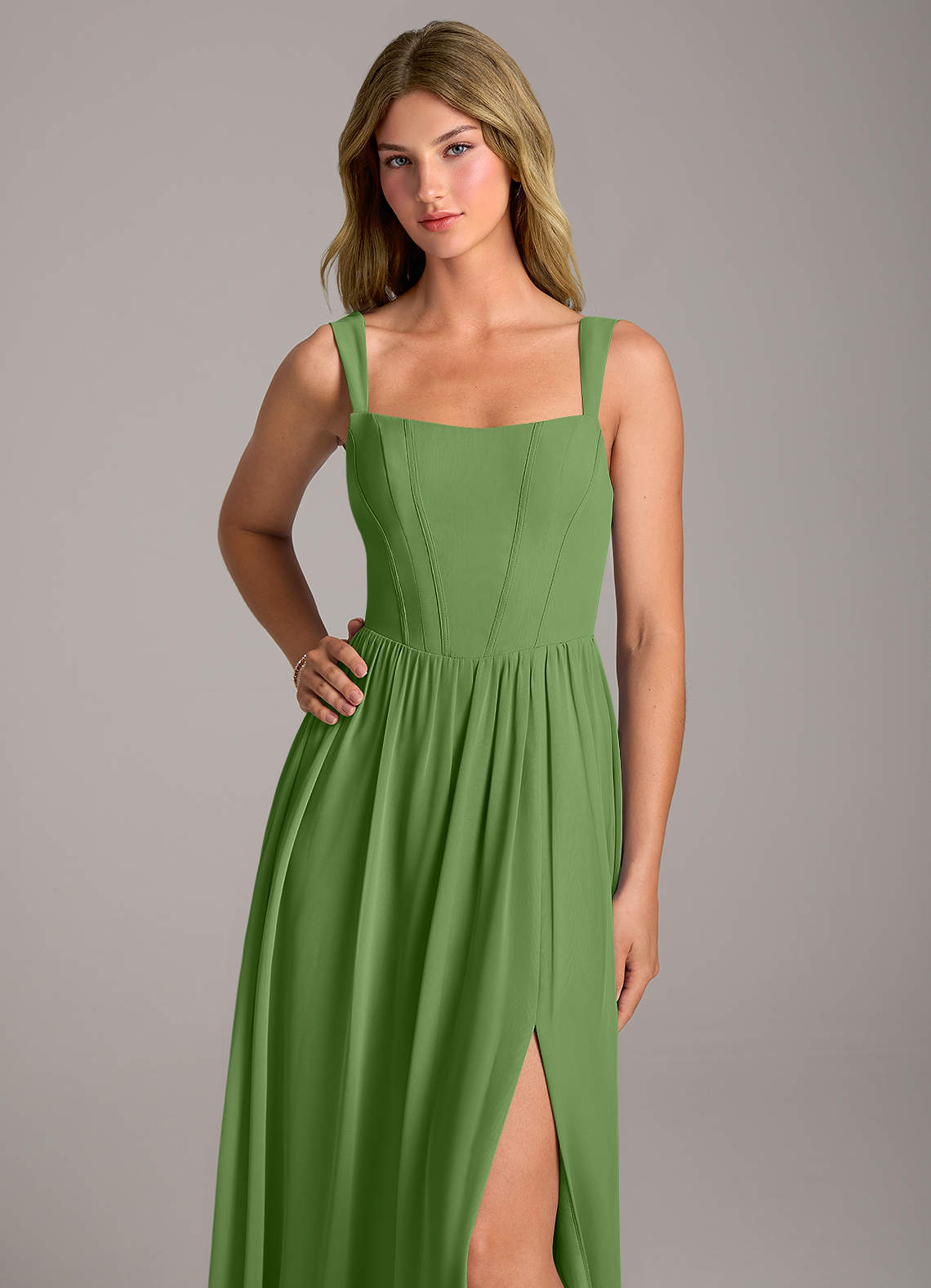 Rosaline A-Line Square-Neck Chiffon Bridesmaid Dress in Basil
