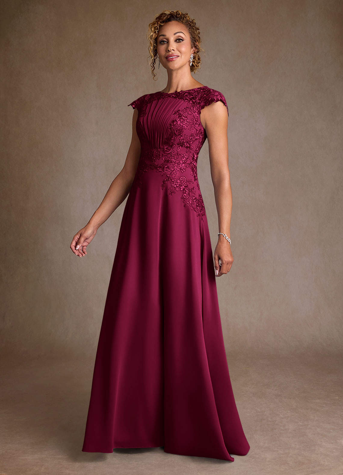 Christi A-Line Scoop-Neck Chiffon and Lace Mother of the Bride Dress in Burgundy